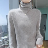 100% Pure Mink Cashmere Knitted Pullovers Women High-Neck Loose Large-size Sweater Casual Warm Tops Autumn and Winter Base Shirt - Image 3