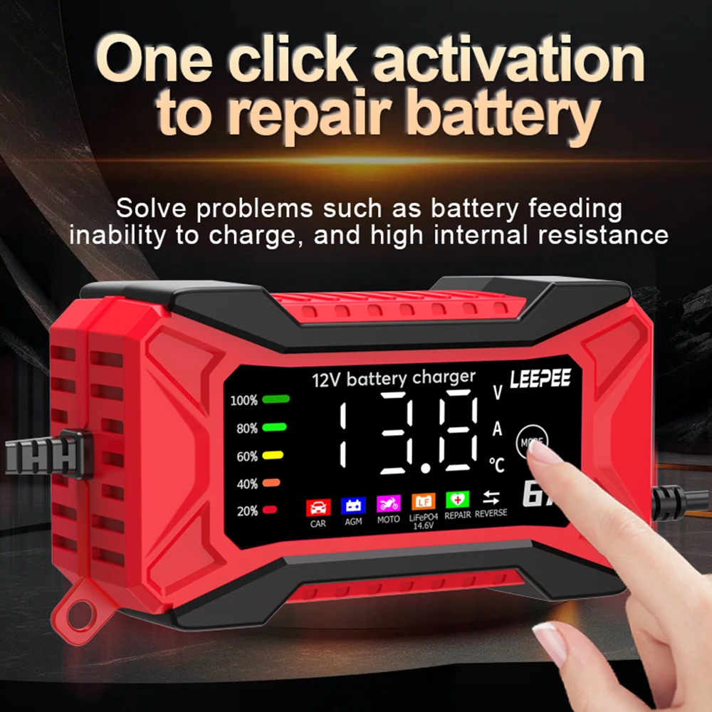Enhanced Digital LCD Car Battery Charger 12V 6A with Intelligent Pulse Repair and Temperature Detection