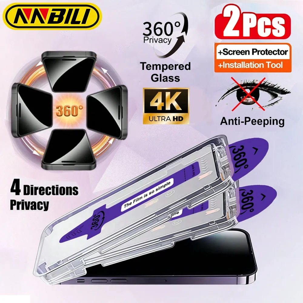 NNBILI 2 יחידות מגן מסך פרטיות 360 מעלות מתאים ל-iPhone 17 16 15 14 13 12 11 Pro Max 17Air 16E סדרת משתמשי אייפון