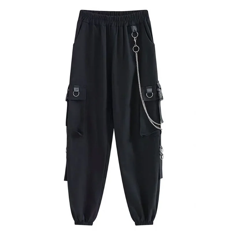 Women Fashion Cargo Pants Black High Waist Loose Harem Pants Punk Big Pockets Jogger Trousers with Chain Hip Hop Streetwear