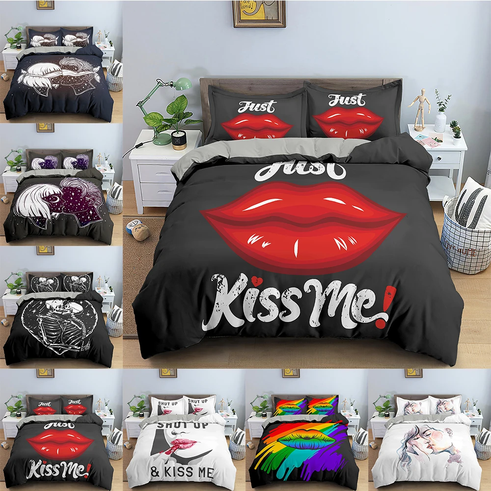 

Red Lips Duvet Cover Set Love Kiss Pattern Quilt Cover With Pillowcase Soft,Comfortable and Breathable Bedroom Home Textile 3PCS