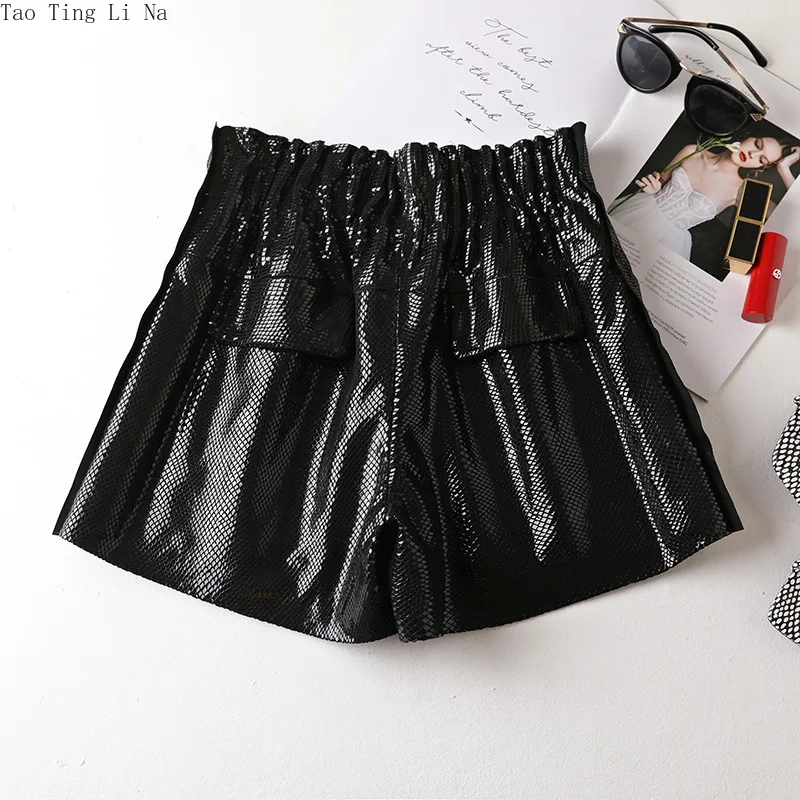 

2022 Bright Leather Women Sheepskin New High Waist Loose Casual Shorts J8