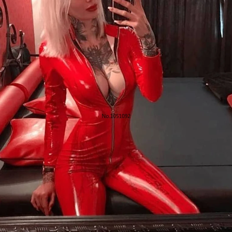 

Faux Leather Skinny Jumpsuit Zipper Up Fitness Bodysuit Women Long Sleeve High Street Solid Sexy Club Playsuit Autumn
