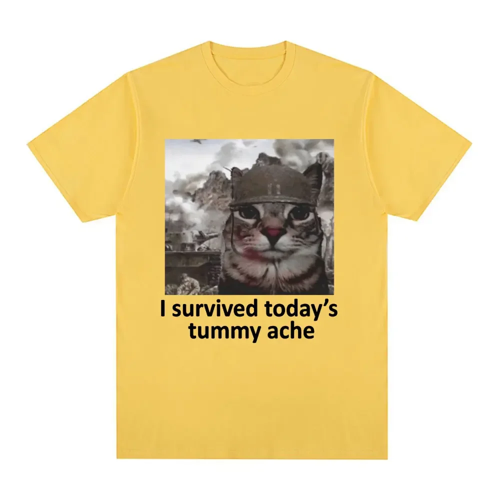 Sobreviví al dolor de estómago de hoy, camiseta divertida con meme de gato, camiseta de manga corta para hombres y mujeres, camisetas casuales de algodón de gran tamaño, ropa de calle
