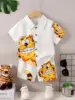 2PCS Summer Kid Boy Gentlemen Clothes Set Kitten Pattern Lapel Collar Top with Shorts First Birthday Wear for Toddlers 1-6 Y ear 1