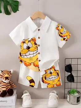 2PCS Summer Kid Boy Gentlemen Clothes Set Kitten Pattern Lapel Collar Top with Shorts First Birthday Wear for Toddlers 1-6 Y ear 1