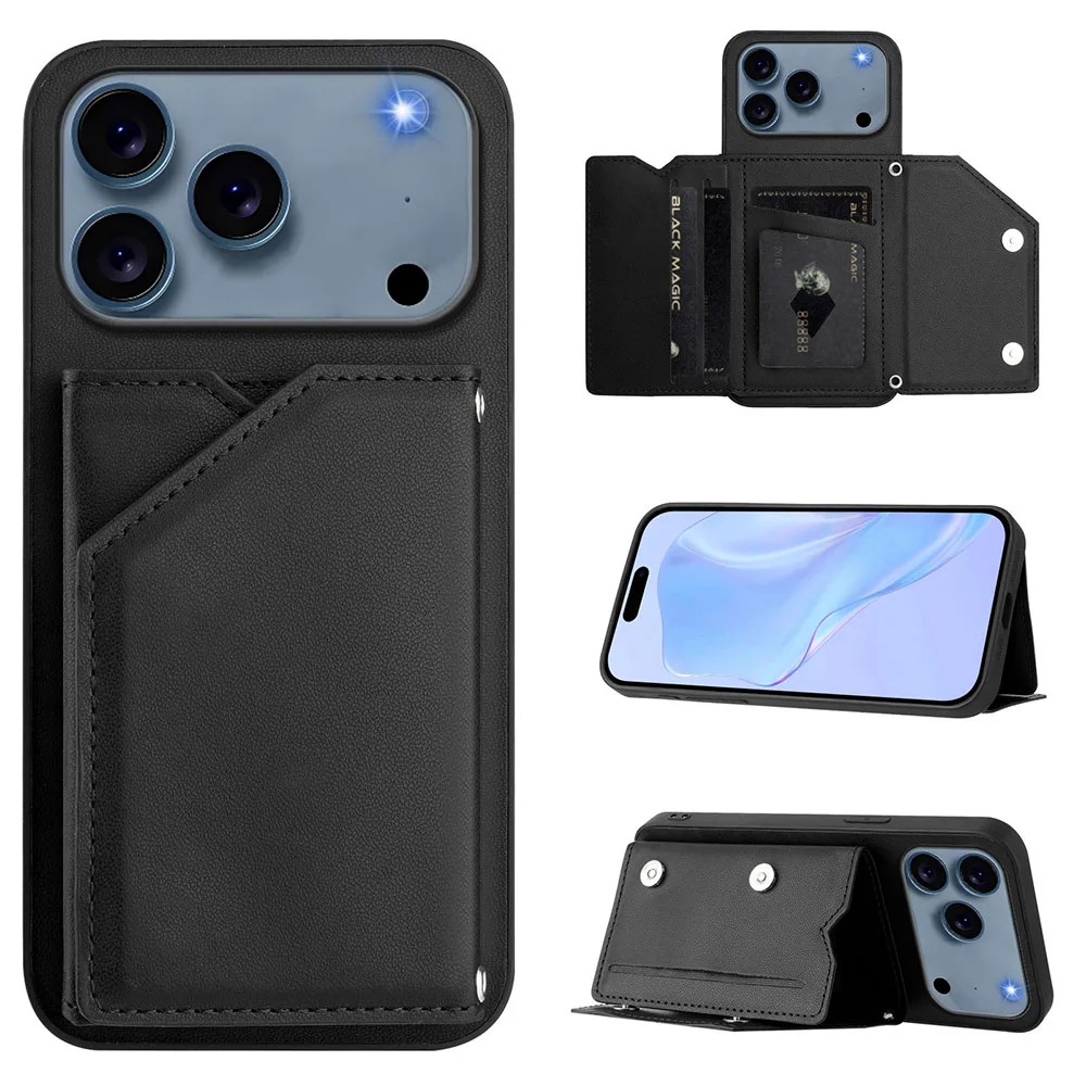 Leather Magnetic Wallet Phone Case with Card Holder and Button-Flip Design