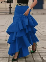 VONDA Plus Size 5XL Women Autumn Ruffled Skirts Solid Color Elegant Party Overskirt 2025 Beach A-Line Jupe Casual Loose Bottoms