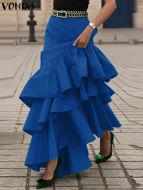 VONDA Plus Size 5XL Women Autumn Ruffled Skirts Solid Color Elegant Party Overskirt 2025 Beach A-Line Jupe Casual Loose Bottoms