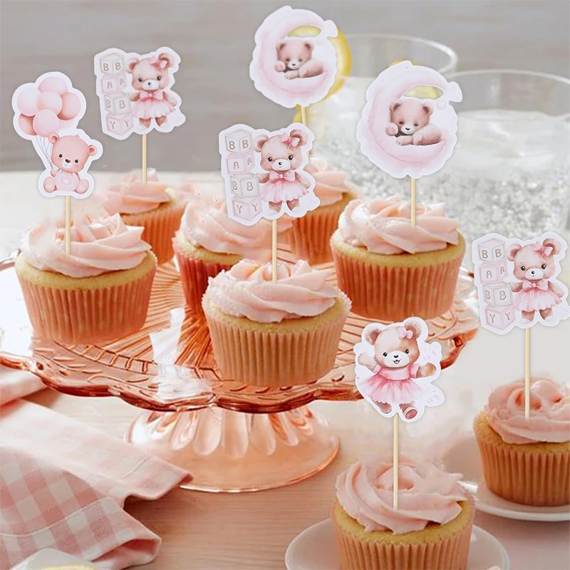 12/24 Stück Cupcake-Topper mit Cartoon-Bär für Kinder, Jungen, Mädchen, 1. Geburtstag, Party, Kuchen, DIY-Dekoration, blau, rosa, Babyparty-Gefälligkeiten – Detail 5