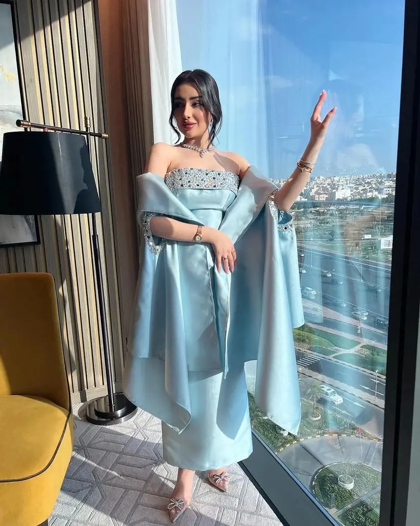 

Elegant Sky Blue Satin Mermaid Evening Dresses With Wrap Sleeves Long Dubai Arabic Women Crystal Strapless Prom Gowns