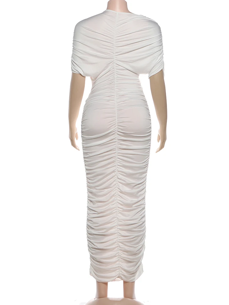 Nibber Ruched Long Dress Woman Irregular Hollow Design o-Neck Short Sleeve Slim High Waist Midnight Prom Party Elegant Vestidos