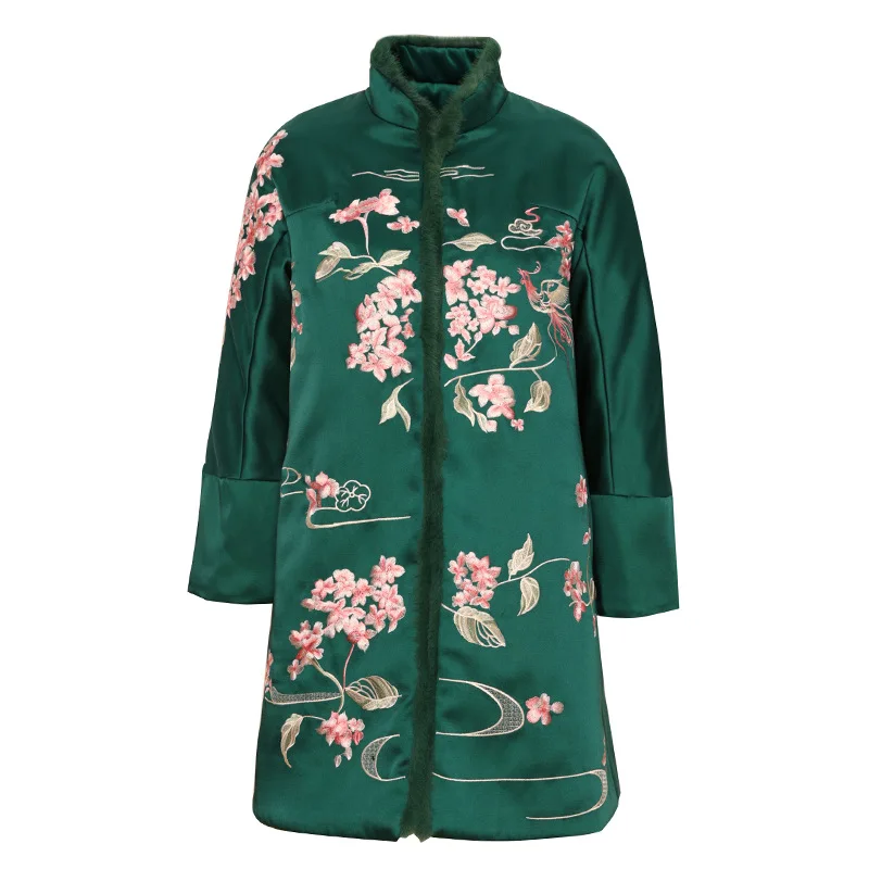 

Top Quality New 2022 Winter Parka Coats Women Luxurious Embroidery Rabbit Hair Deco Long Sleeve Warm Army Green Pink Warm Coat