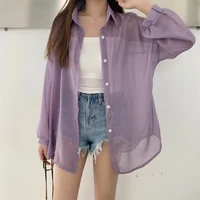 Semi Sheer Long Sleeve Shirt for Women Shimmer Button Down Collared Plain Lightweight Shirt Spring Summer Chic Tops Outfit - Image 3