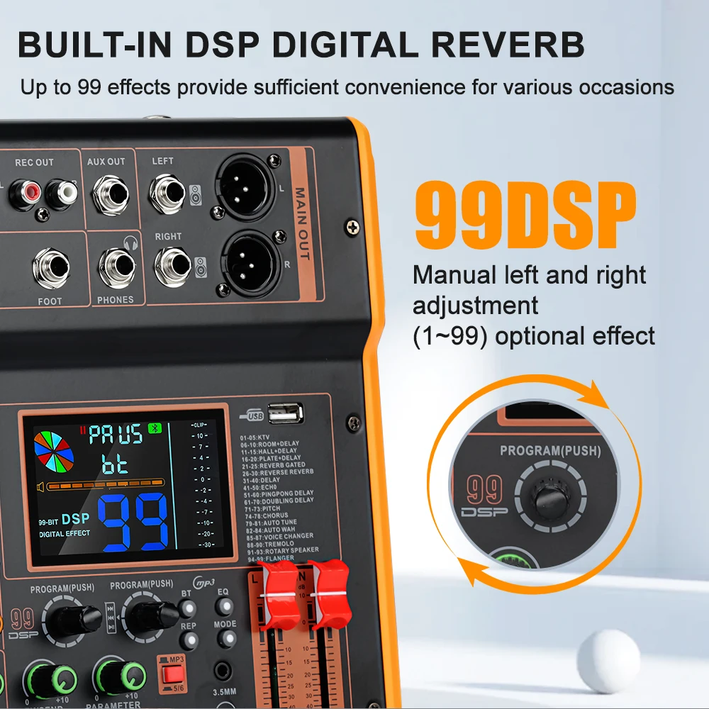 LEUS BOS4/6 Channel 99 DSP Effect Audio Mixer Record PC 48V Phantom Power USB Sound Mixers Bluetooth DJ Console Mixing for Karaoke