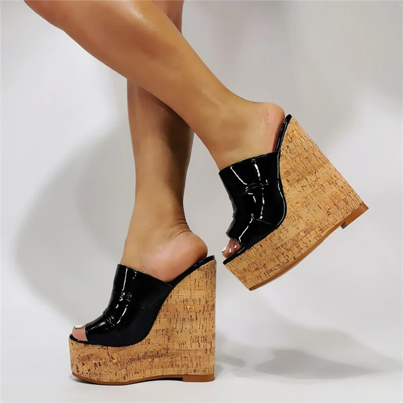 

2022 New Women Cork Wedges Sandals High Heel Platforms Mules Summer Shoe Ladies Black Patent Leather Slippers Plus Size Slides