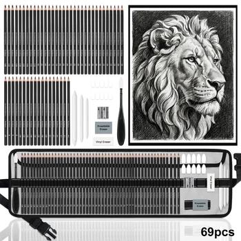 Set da disegno 14-69, kit per schizzi con matita in grafite, strumenti per sfumare, gomme, ecc. Kit da disegno per artisti adulti in rotolo di tela.