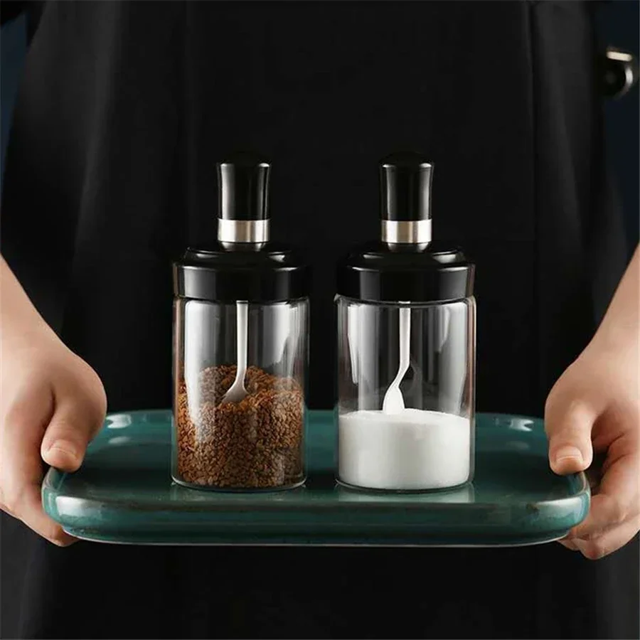 Glass Spice Box Spoon and Lid Integrated Spice Jar Combination Seasoning Jar Kitchen Supplies Home Salt Shaker Oil Bottle Set