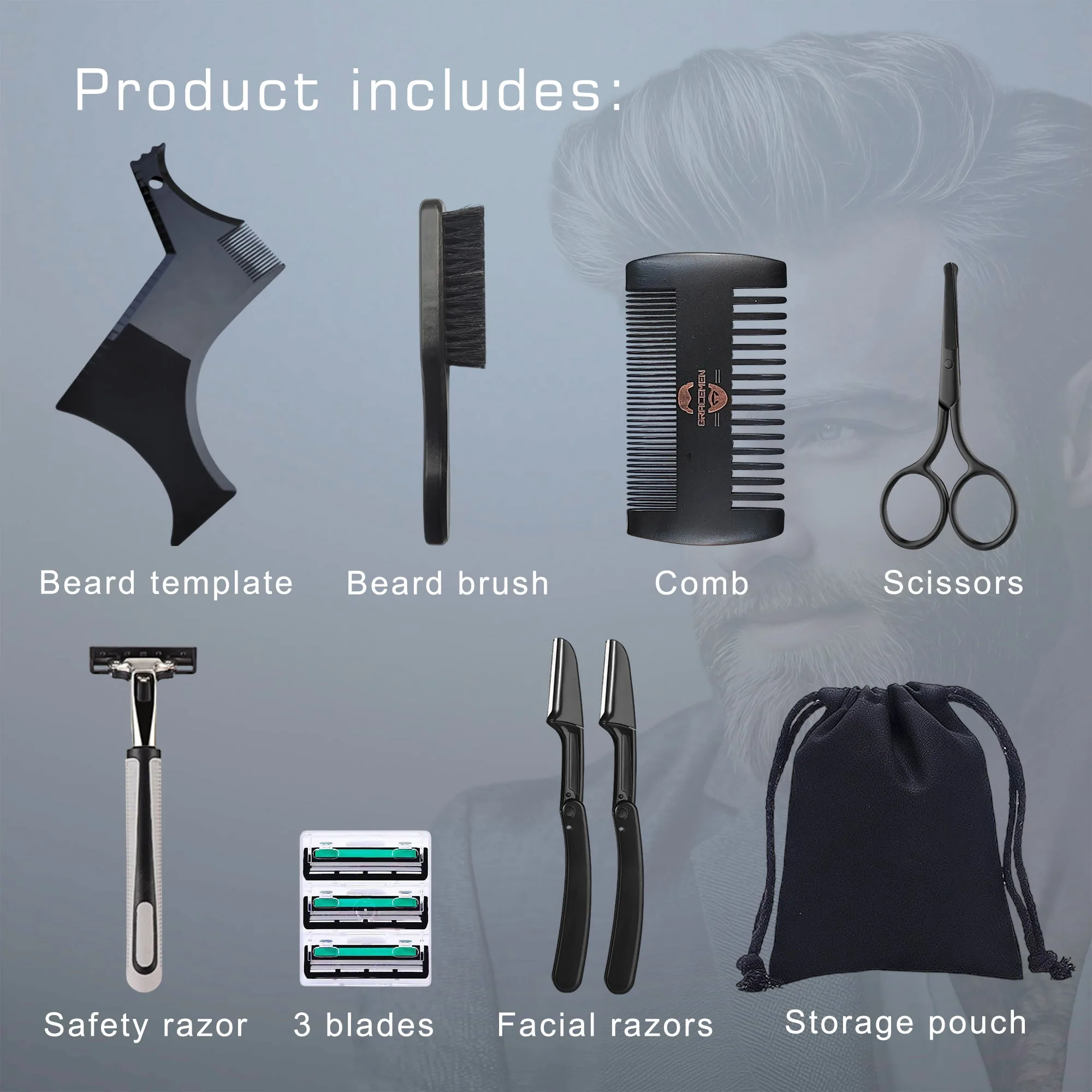 Gracemen Beard Template Kit - 11 in 1 Grooming Suit for Men - Beard Stencil & Brush & Comb & Razor & Scissors with Storage Bag