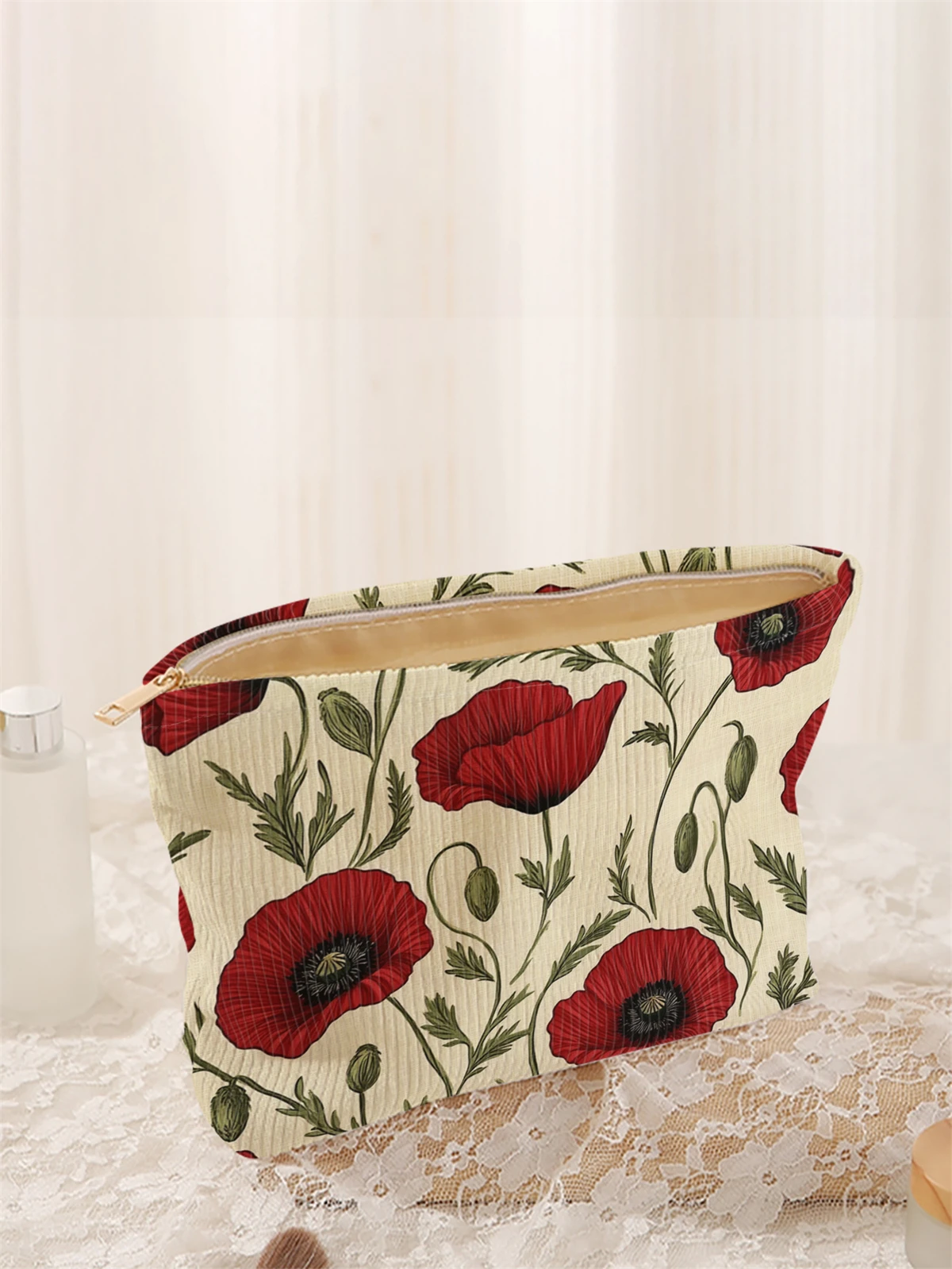1 floral patterned printed corduroy makeup bag, lightweight zipper makeup storage box, multifunctional bag with lining