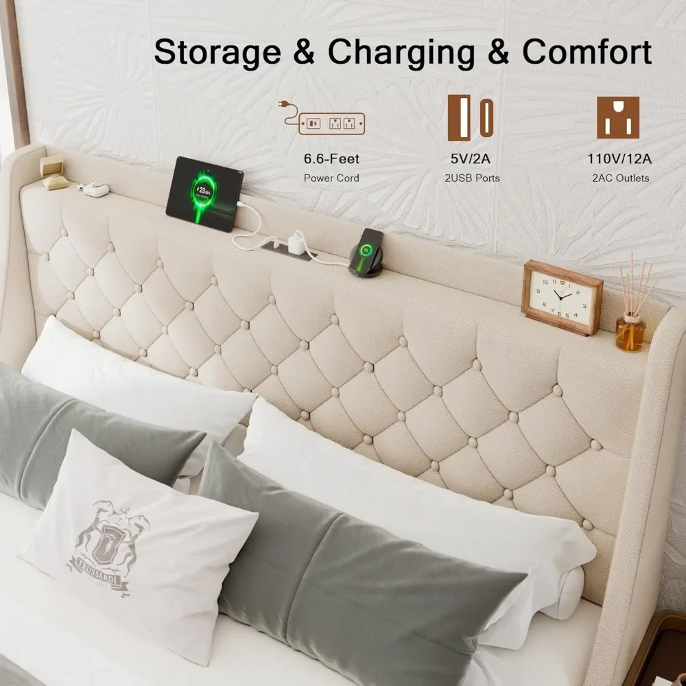 King Size Bed Frame,with 4 Storage Drawers,with Wingback Headboard, Charging Station,No Box Spring Needed,bed Frame 4