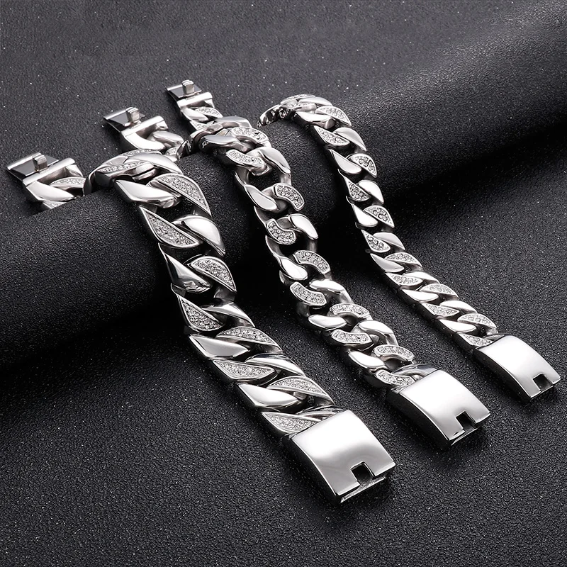 Fongten 22 cm Kubanischen Kette Armbänder Für Männer Zirkon Edelstahl Kette Handgelenk Armbänder Gothic Männlichen Armreif Silber Farbe schmuck – Detail 7