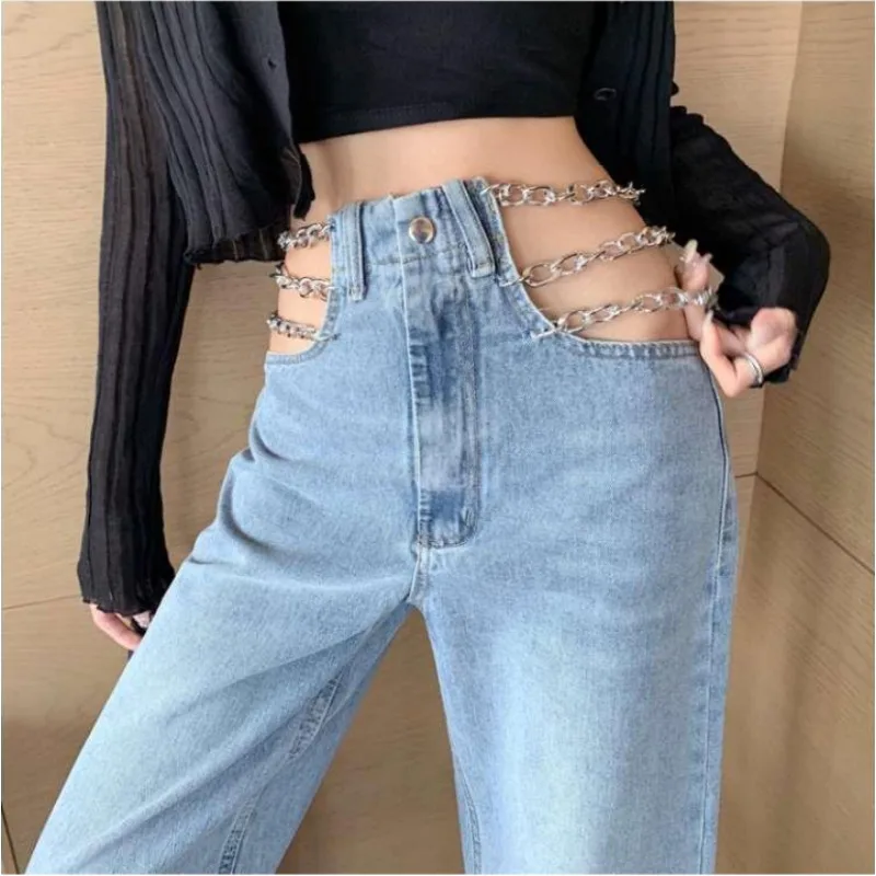 High Waisted Jeans Women Chain Design Hollow Sexy Loose Straight Pants Spring and Fall Fashion Temperament Wide-legged Y2k Jeans