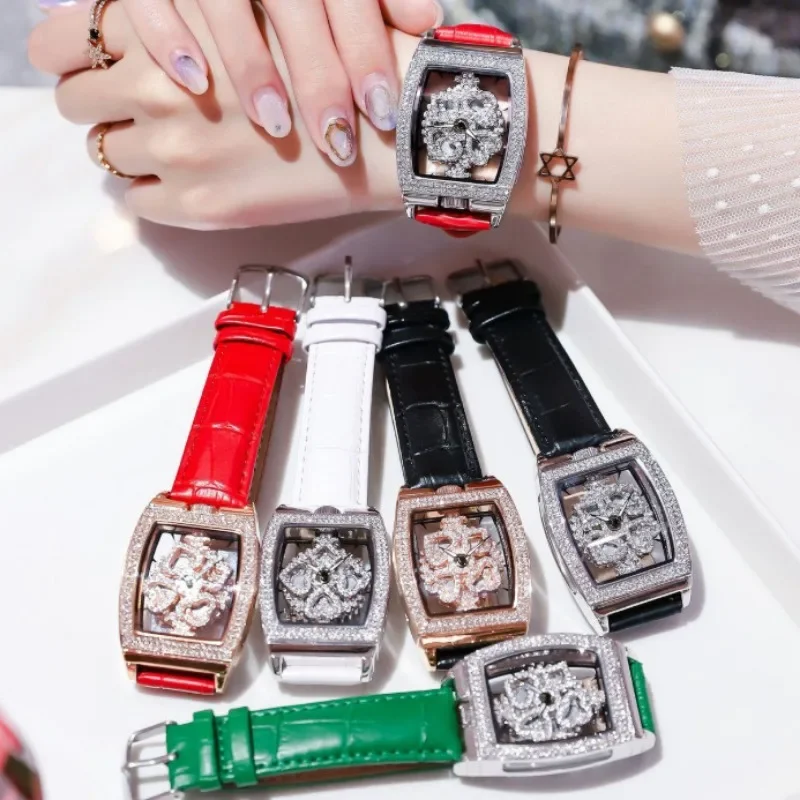 Luxury Women Watches Barrel Shape Hollowed Out Diamond Dial Good Fortune Befell for Women Quartz Watch Fashion Leather Strap