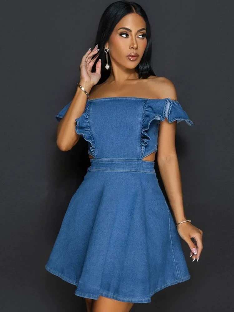 Wmstar Denim Dresses for Women  Wholesale Elegant Bodycon Sexy Zipper Back Hollow Out Side Fashion Streetwear Mini Dress 2025