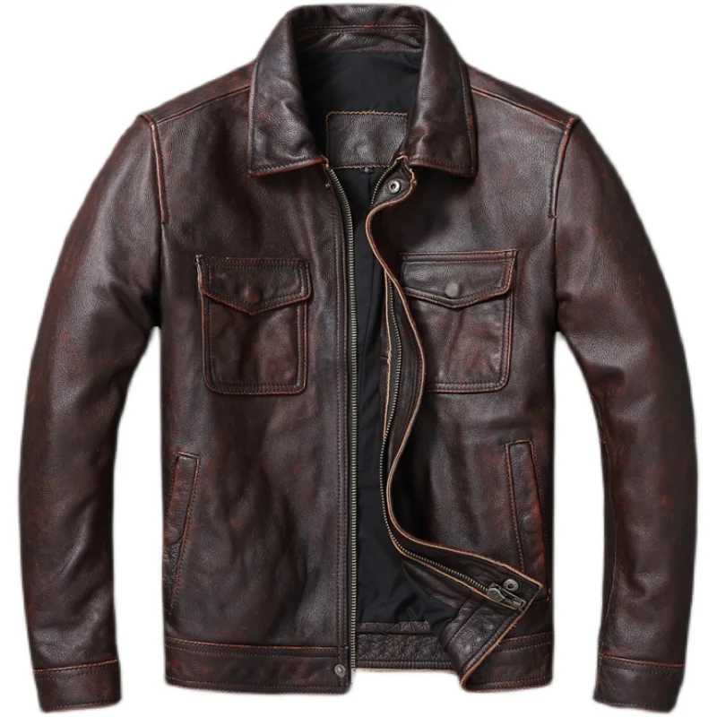 Vintage Brown Red Genuine Leather Jacket Men Cowhide Natural Leather Jackets Man Autumn Clothing Coat Cow Jacket men leather jacket