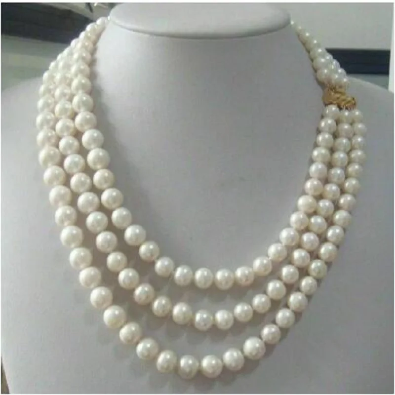 

3 row strands natural 9-10mm akoya white pearl necklace 18"19"20"