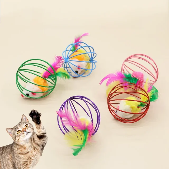 Funny Feather Mice Ball Cage For Kitten Creative Playing Toys Pet Products Play Cat Mouse Toy игрушки для кошек 3