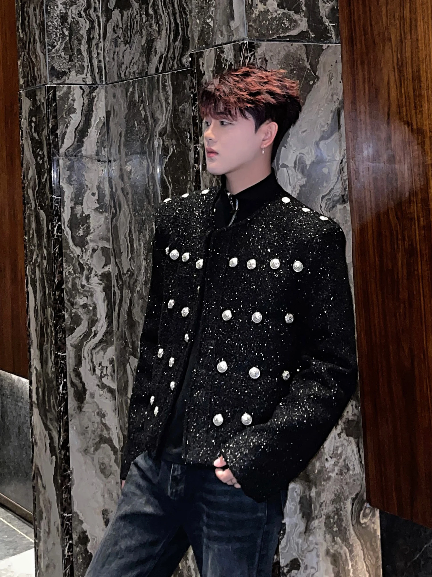 Trendy Male Chic Black Small Fragrant Short Coats Men's 2024 Autumn Winter New Jackets Small Sequins Multi-button Design Jacket 3