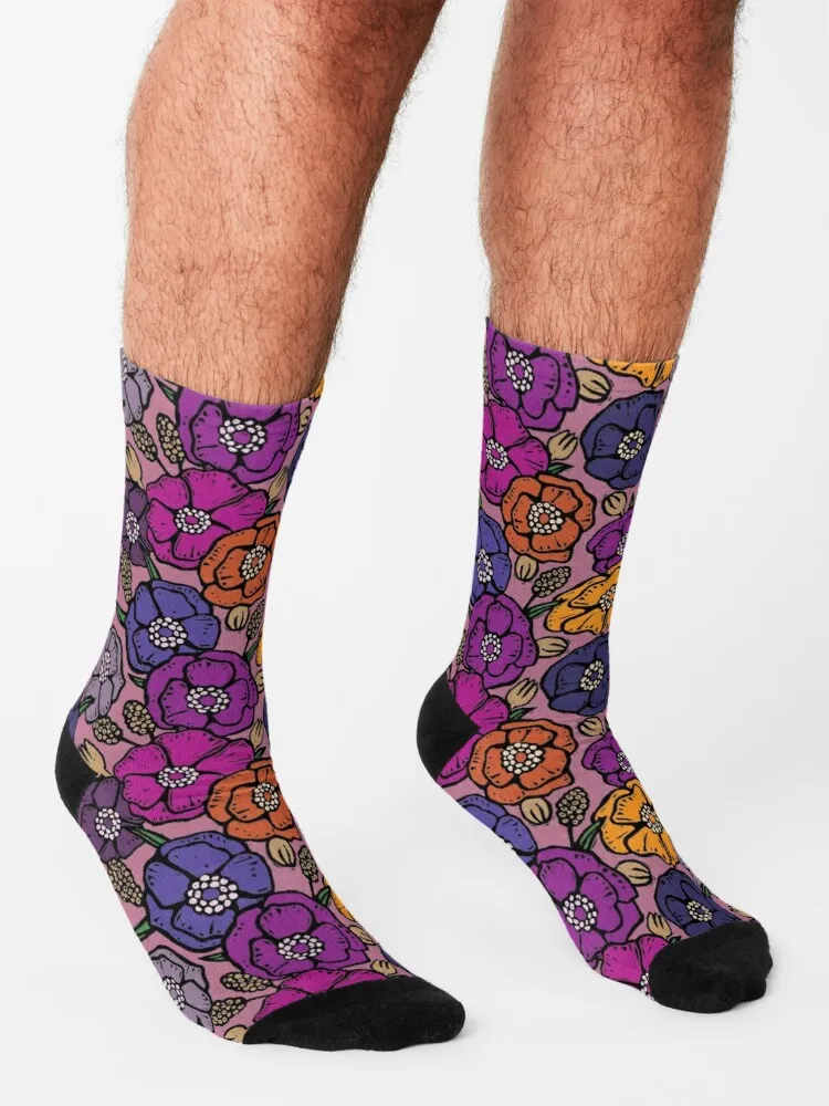 Purple Seventies inspired vintage flowers Socks Luxury Socks