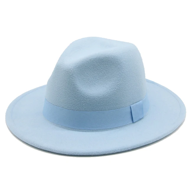 Fedora Hat Women Winter Hats for Women Ribbon Band Men's Hat Wide Brim Classic Beige Wedding Church Bowler New Cap chapeau femme Sky blue