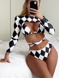 Wrap Around Long Sleeve Plaid Bikini Women Swimwear Female Swimsuit Three-pieces Bikini set Bather Bathing Suit Swim Beachwear