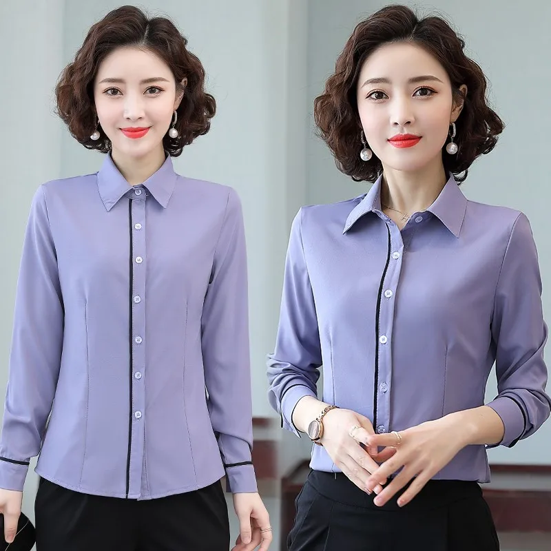 

Blue Women Shirts Blouses Turn-down Collar Long Sleeve Blouse Button Up Shirt Office Lady Basic OL Fashion Slim Shirts NS4552