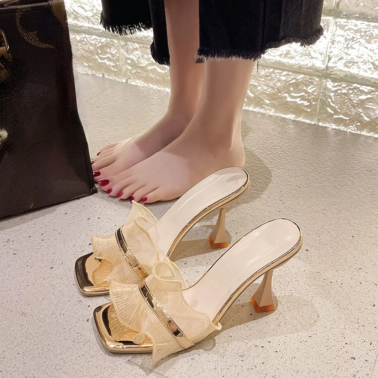 

2023 Designer Fashion Pleated Female Sandals Open Toe High Lady Pumps Dress Party Shoes Women Summer Slides Women's Slippers