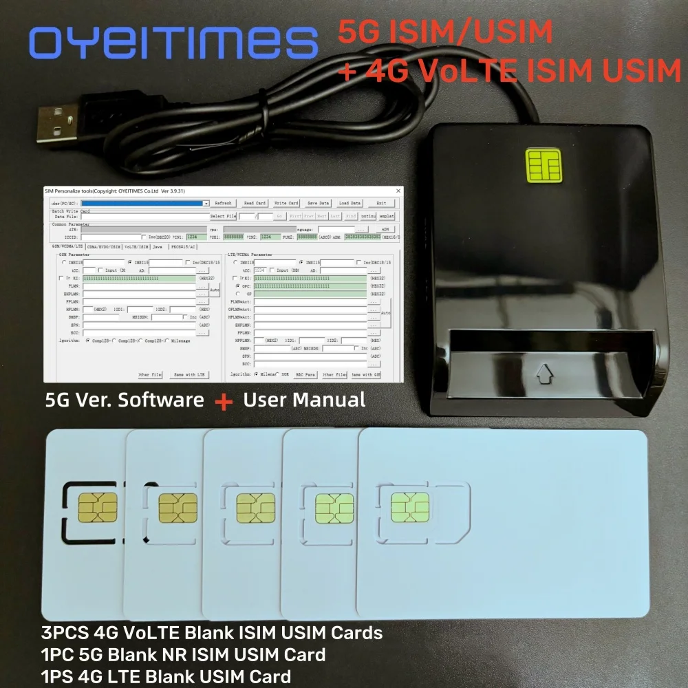 OYEITIMES SIM Card Reader+5PCS 2FF/3FF/4FF Programmable 4G VoLTE USIM Card Blank LTE WCDMA GSM USIM Cards + 4.2.11 Ver. Software