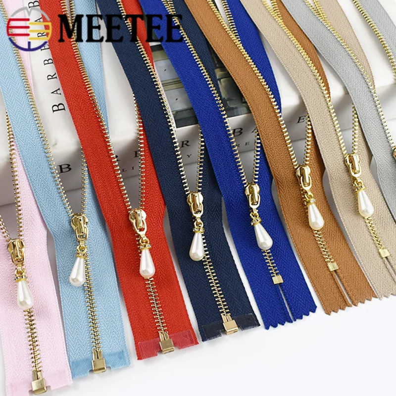 

5/10pc Meetee 15-70cm 3# Metal Zipper Open&Close-End Auto Lock Gold Pearl Slider DIY Bags Purse Dress Decor Zip Sewing Accessory