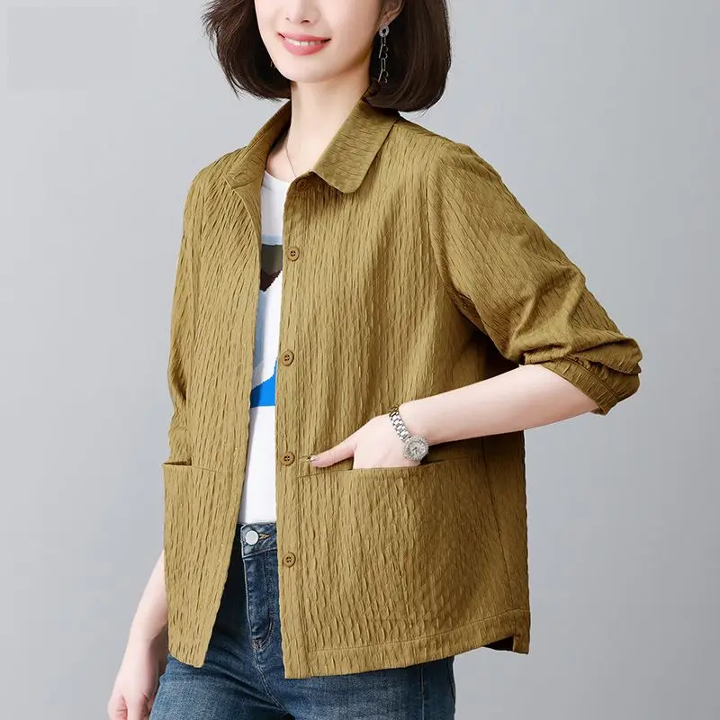 Commute Turn-down Collar Blouse Female Clothing Solid Color Long Basic Sleeve Spring Autumn Loose Fashion Pockets Spliced Shirt