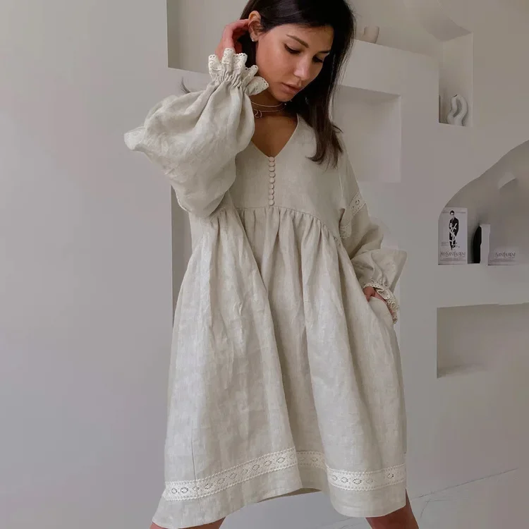 

Casual Puff Sleeve Summer Dress Cotton Linen French Dress for Women V-neck Temperament Commuting Female Casual Dresses Vestidos