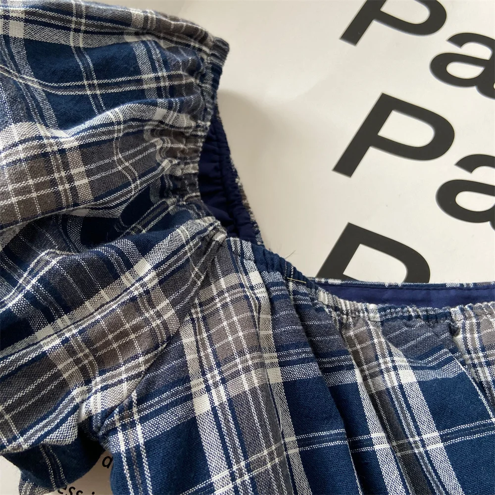 Y2K Plaid Short Dresses for Women Princess Birthday Party Dress Puff Sleeve Square Collar Bow Prom Summer Mini Vestidos Mujer