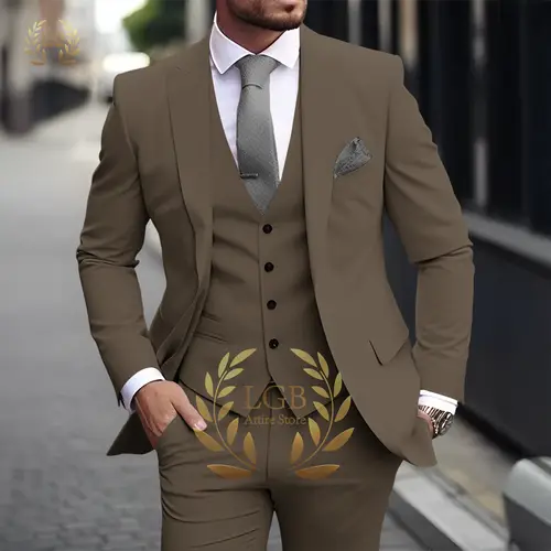 Men's Khaki 3-Piece Suit Classic Peak Lapel Business Formal Wedding Groom Slim Fit Elegant Gentleman Style Fashion Blazer - Image 12