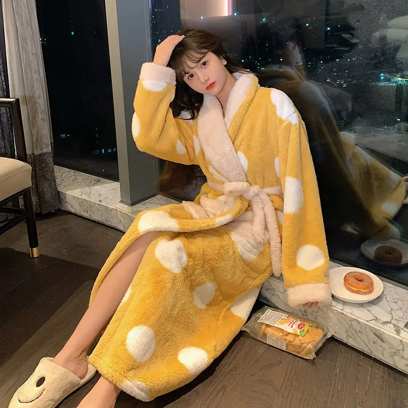 Robes Women Print Mid-calf Design Winter Warm Thick Korean Style Homewear Lounge Casual Popular Feminino Fashion Loose Basic New