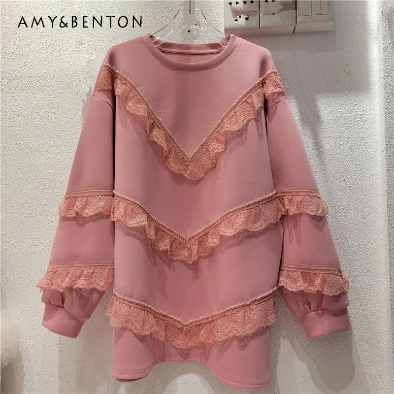 

European Style Long-Sleeved Sweatshirts Women's 2023 Patchwork Lace Stringy Selvedge Beaded Loose Large Mid-Length Top Hoodies