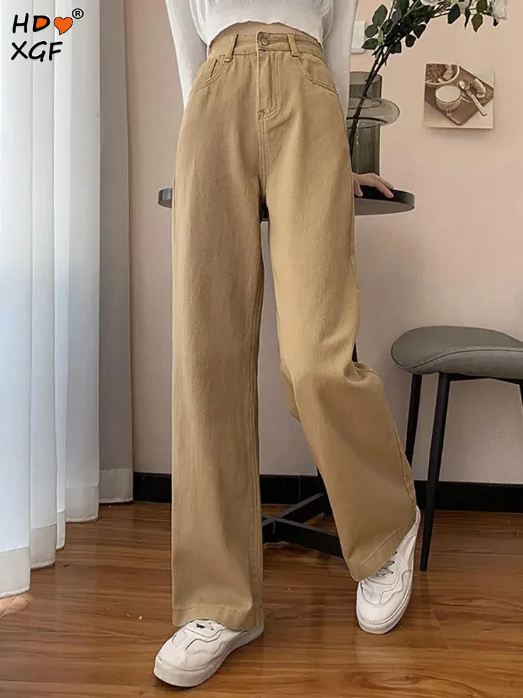 

Vintage Khaki Do Old Wide Leg Jeans For Women Korean Fashion Button High Waist Straight Pants Harajuku Y2k Casual Denim Trousers