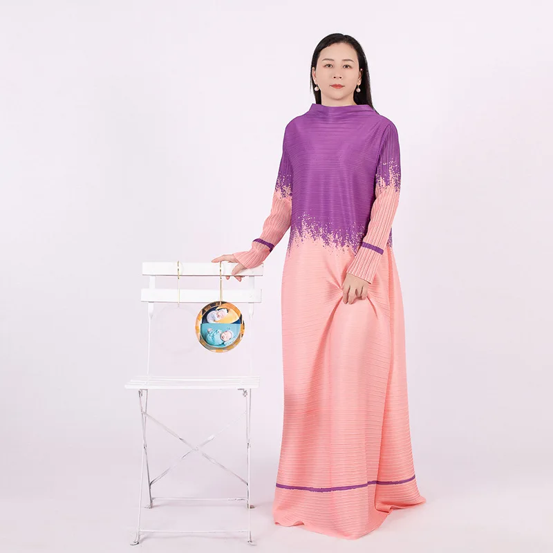 

Плиссированное Платье Miyake контрастных цветов с высоким воротником и длинными рукавами, свободная женская элегантная одежда для вечеринки, новые платья для женщин, 2023