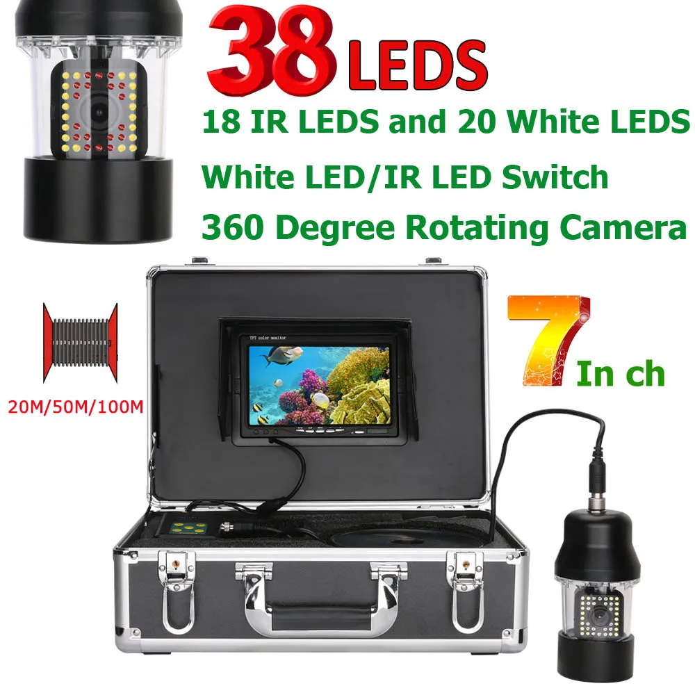 

Видеокамера для подводной рыбалки, 7 дюймов, IP68, 20 фотоблесток, вращающаяся на 360 ° купольная панорамная камера наблюдения, кабель 20 м/50 м/100 м