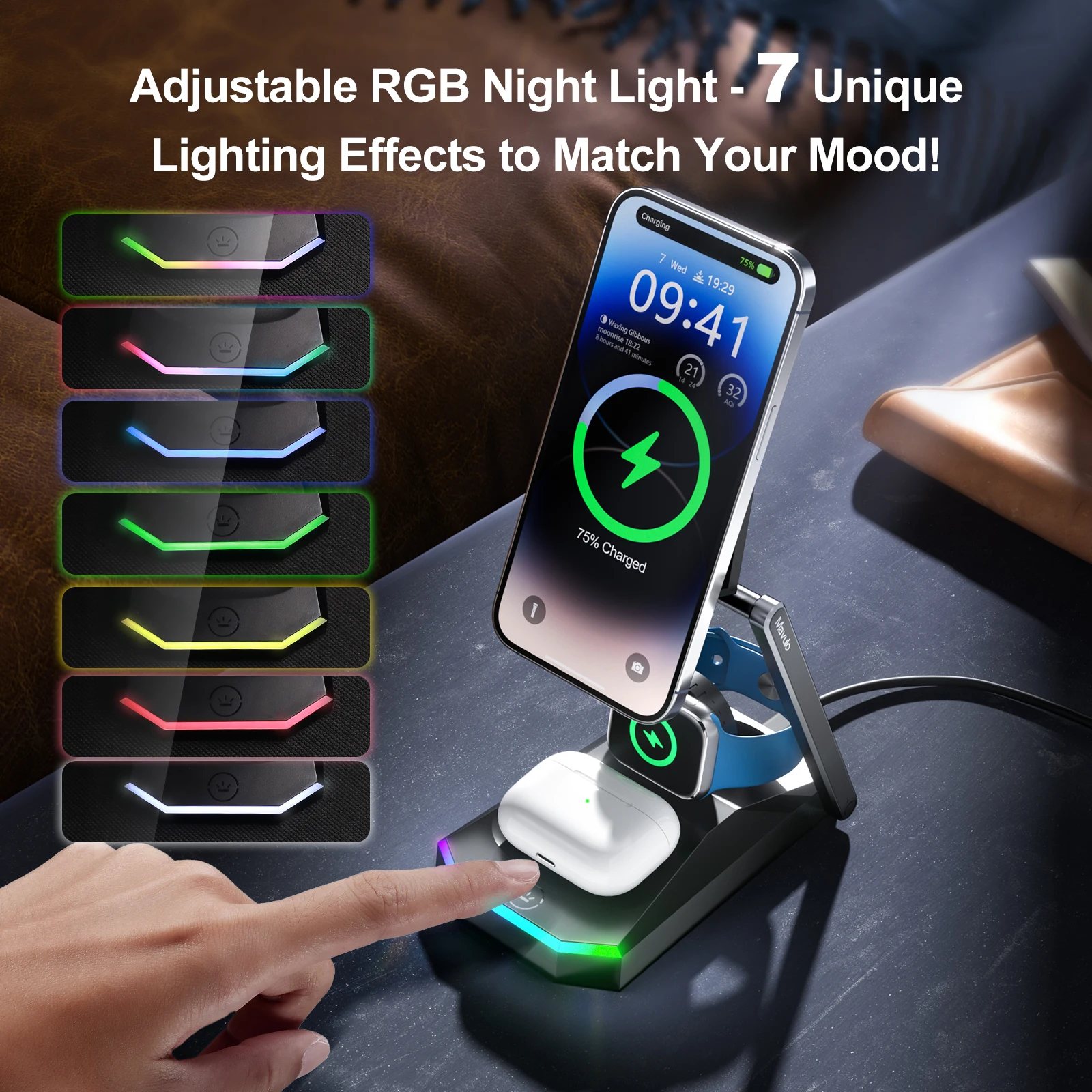 Foldable 3 in 1 Charging Station for iPhone 16 15 14 13 12 Pro Max Fast Wireless Charger Stand for Apple Watch,AirPods Series - Image 4